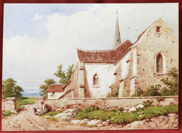 Joseph Laurent PELLETIER, Donna e cane davanti a una chiesa
