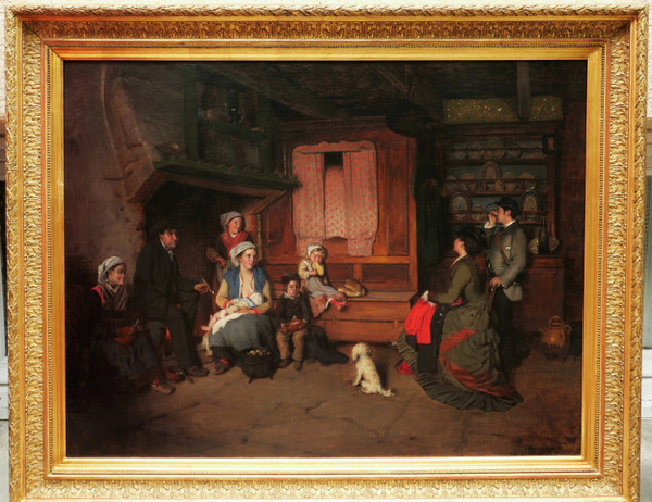 Charles Auguste CORBINEAU, Famille de paysans et couple de bourgeois dans un intérieur, Bretagne