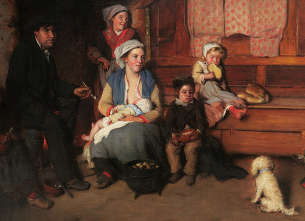 Charles Auguste CORBINEAU, Famille de paysans et couple de bourgeois dans un intérieur, Bretagne