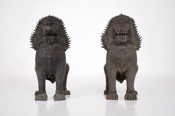 Pair Of Singha Temple Guardians In Bronze (88cm)