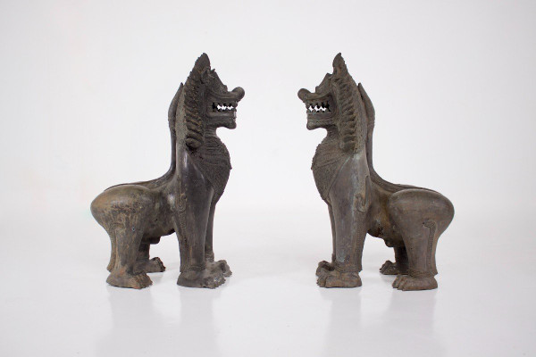 Pair Of Singha Temple Guardians In Bronze (88cm)