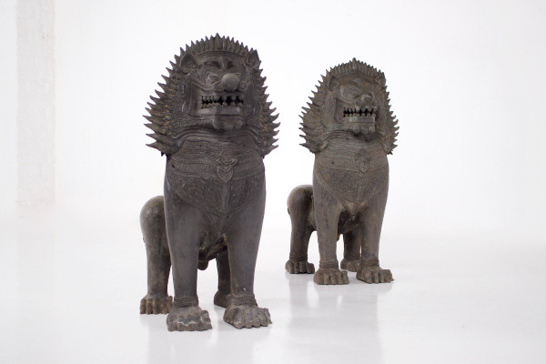 Pair Of Singha Temple Guardians In Bronze (88cm)