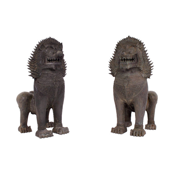 Pair Of Singha Temple Guardians In Bronze (88cm)