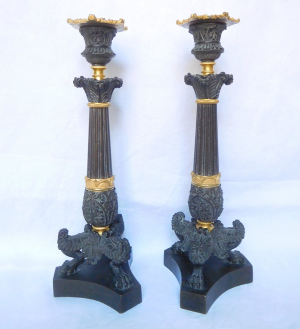 Pair Of Patinated Bronze & Gilt Mercury Tripod Flambeau Candlesticks, Empire Restoration Period