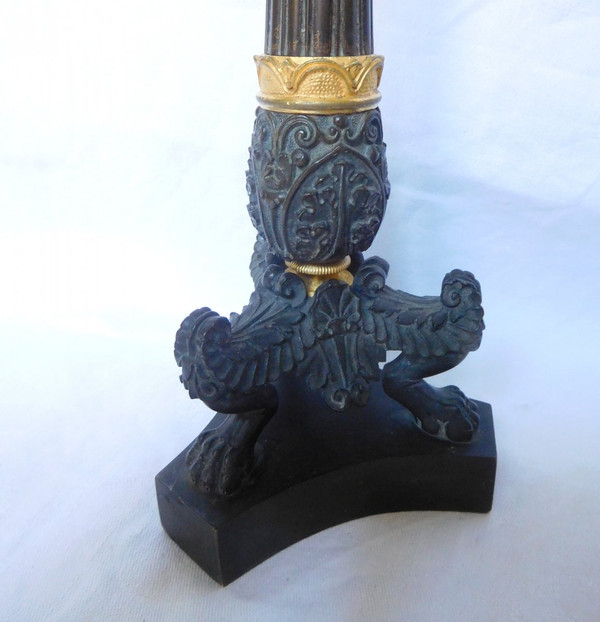 Pair Of Patinated Bronze & Gilt Mercury Tripod Flambeau Candlesticks, Empire Restoration Period