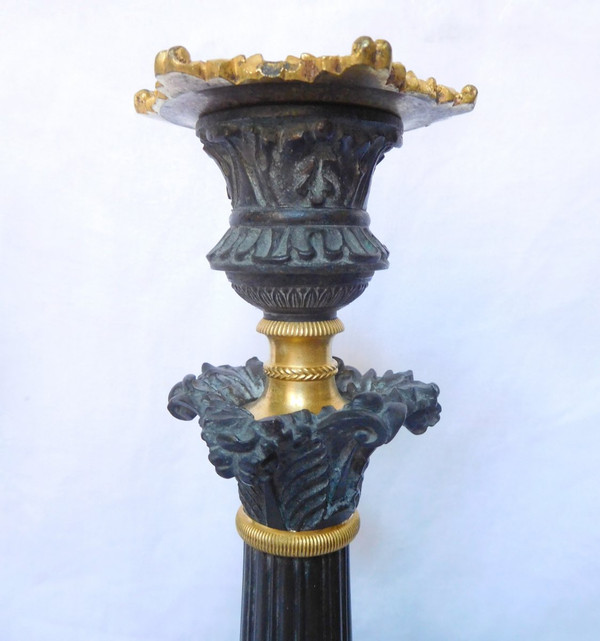 Pair Of Patinated Bronze & Gilt Mercury Tripod Flambeau Candlesticks, Empire Restoration Period
