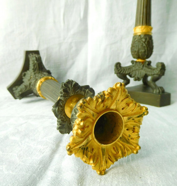 Pair Of Patinated Bronze & Gilt Mercury Tripod Flambeau Candlesticks, Empire Restoration Period