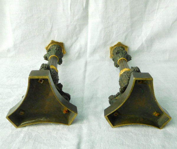 Pair Of Patinated Bronze & Gilt Mercury Tripod Flambeau Candlesticks, Empire Restoration Period