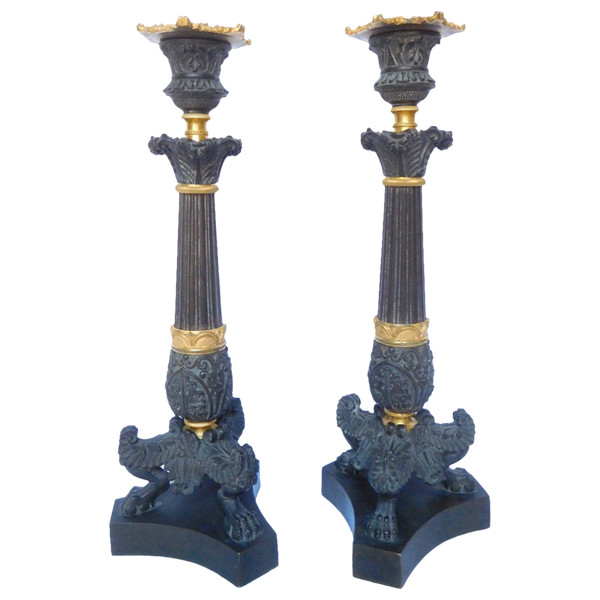 Pair Of Patinated Bronze & Gilt Mercury Tripod Flambeau Candlesticks, Empire Restoration Period