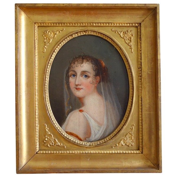Empire Period Portrait Of Young Girl Dressed In Antique Style - Oil On Canvas 38x32cm
