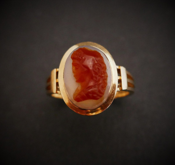 Bague Chevalière Camée, Or Rose 18 Carats.