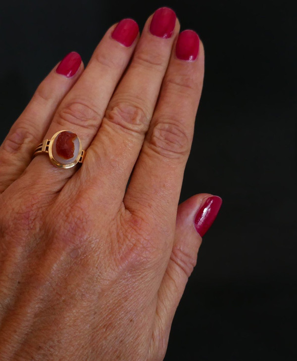 Bague Chevalière Camée, Or Rose 18 Carats.
