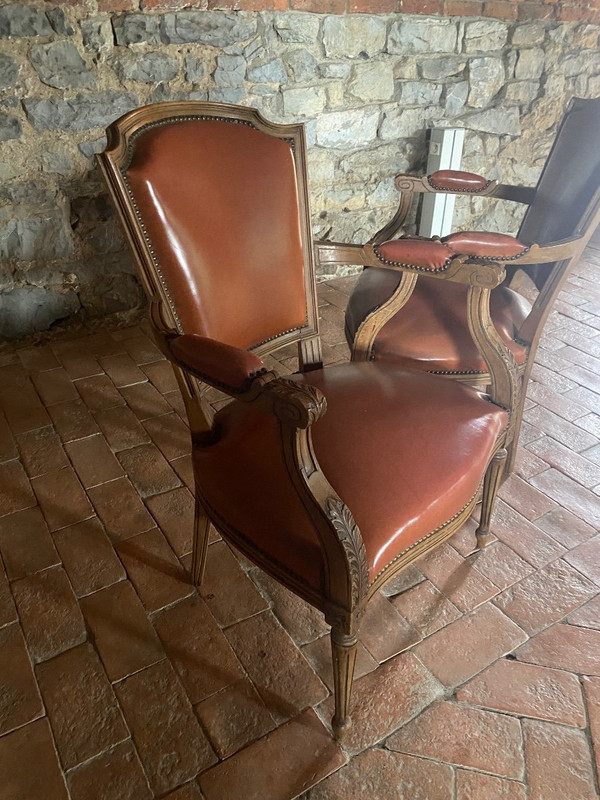 Pairs De Fauteuils Directoire Fin 19e Avec Skaï Orange