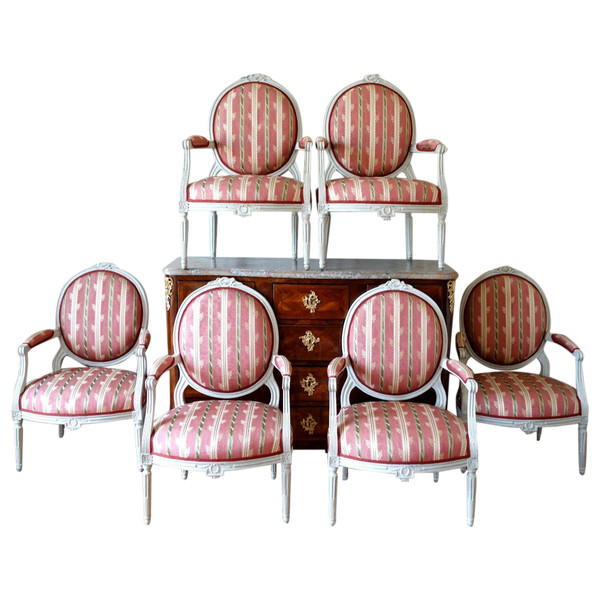 Mobilier De Salon - 6 Fauteuils à La Reine d'époque Louis XVI à Dossier Médaillon