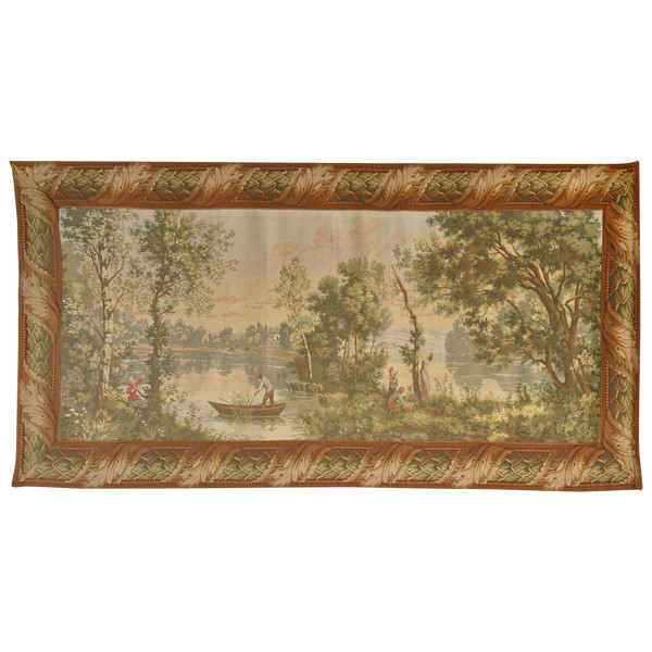 Tapestry Jules Pansu Paris Gobelins Panels representing an animated scene on the banks of a river