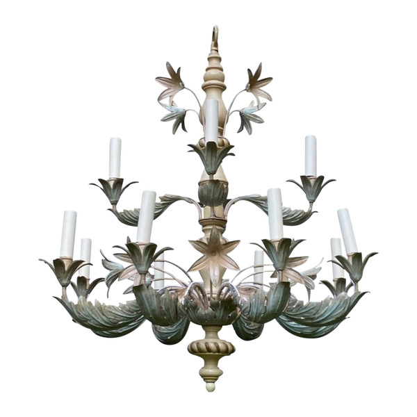 Lustre Maison Baguès En Bois Peint et Métal Repoussé