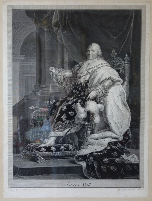Grde Gravure Royaliste : Louis XVIII Roi De France En 1814 d'Après Gérard, 85,5 X 105 Cm