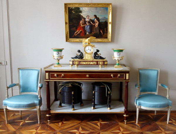 Paire De Fauteuils Cabriolets d'époque Louis XVI Canetillé De Soie Bleu