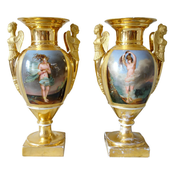 Pair Of Large Empire Period Porcelain Vases - allegories of air and water - 38,5cm