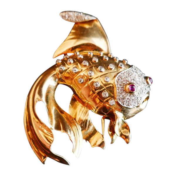 Ruby and Diamond Fish Brooch, Platinum and 18-carat Yellow Gold.