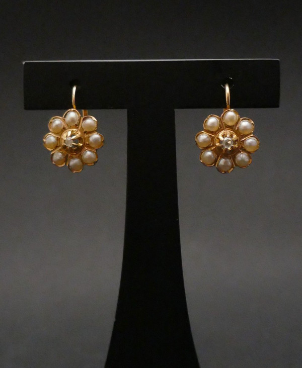 Dormeuses Anciennes Diamant Et Perles Fines.