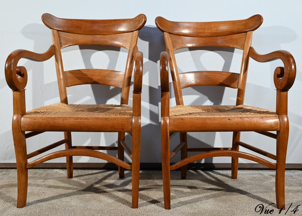 Paire de Fauteuils de Propriété en Merisier Massif, époque Restauration – 1ère Partie XIXe
