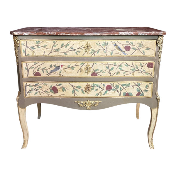 Comò splendidamente decorato con foglie e uccelli, fine del XIX secolo con marmo