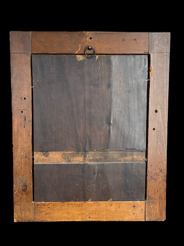 GIAPPONE PERIODO MEIJI 1868 / 1912 PANNELLO IN LEGNO INTARSIATO CON AVORIO/MADREPERLA E LACCATURA BEN CORNICE