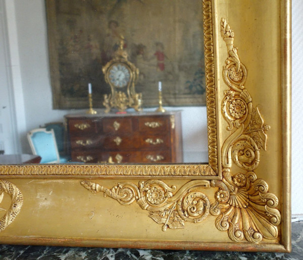 Important Empire Mirror In Golden Wood From The Charles X Period With Mercury Glass - 195x128cm