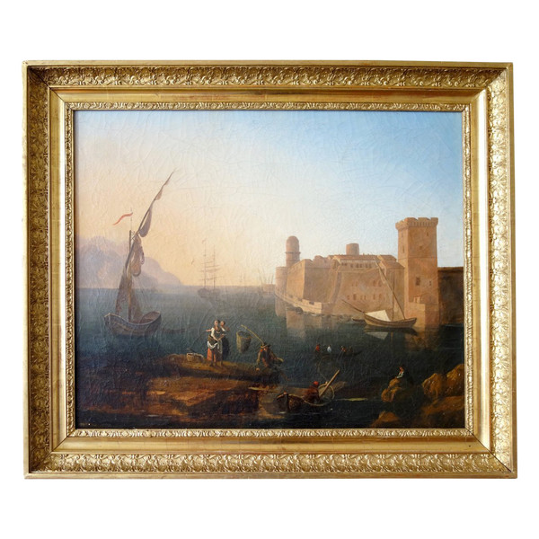 Ecole Française début 19e - grde Marine goût de Lacroix de Marseille - Le Vieux Port & Le Fort Saint Jean - Hst