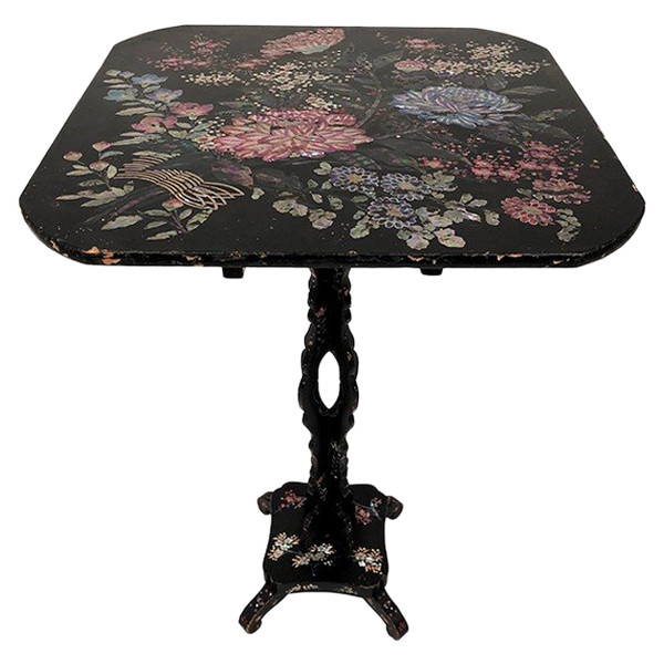 Napoleon III tilting pedestal table, blackened burgundy wood decorated with flowers