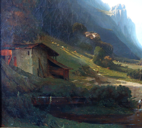 Jules Nicolas Schitz - Grd Paysage De Montagne huile sur toile 147x113cm