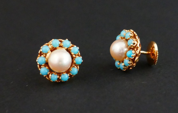 Boucles d'Oreilles Perles Et Turquoises, Or 18 Carats.