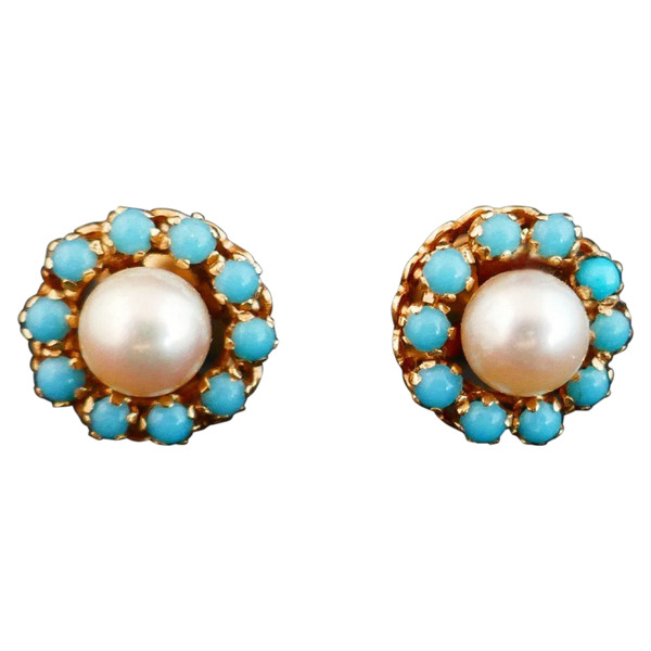 Boucles d'Oreilles Perles Et Turquoises, Or 18 Carats.