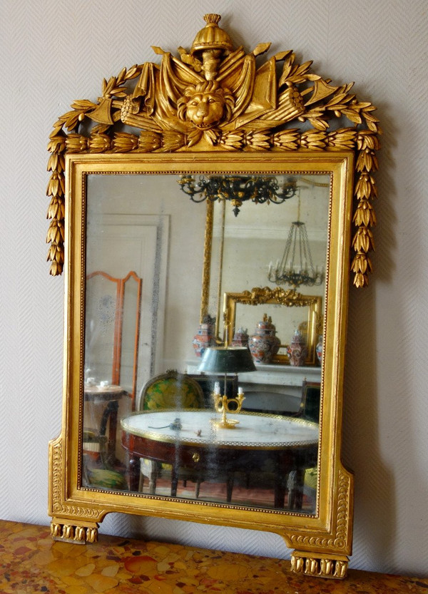 Grand Miroir Aux Attributs d'Hercule - Bois Sculpté Et Doré  - Epoque Louis XVI