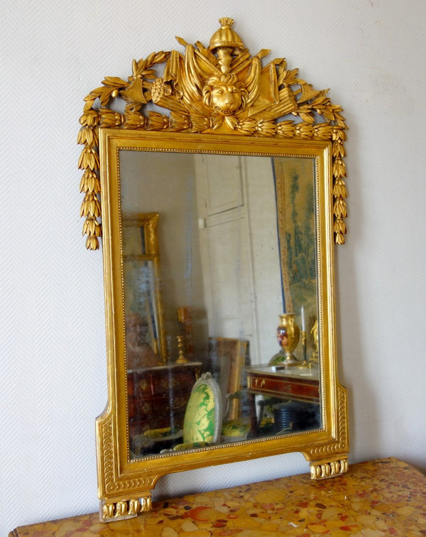 Grand Miroir Aux Attributs d'Hercule - Bois Sculpté Et Doré  - Epoque Louis XVI