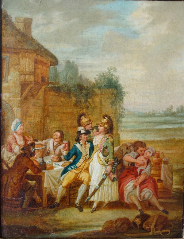 18th Century French School, Fanchon Dressed as the King's Dragon with Soldiers at the Inn