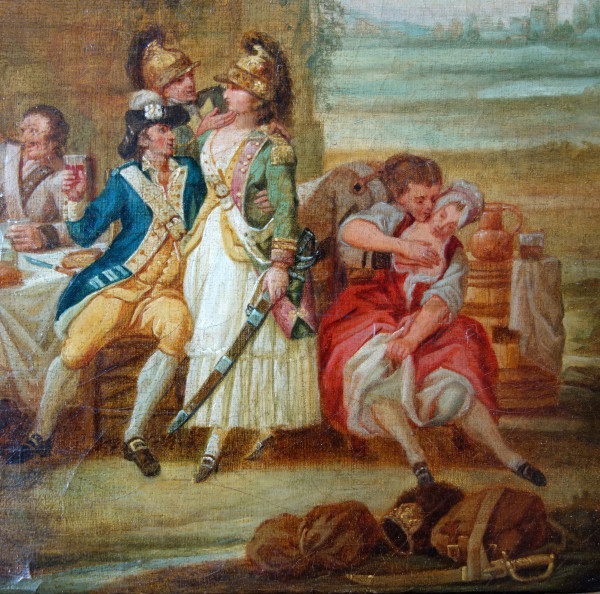 18th Century French School, Fanchon Dressed as the King's Dragon with Soldiers at the Inn