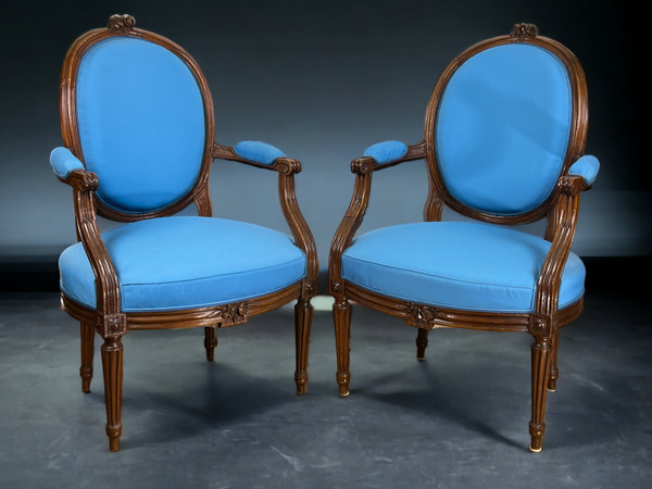 PAIR OF 18th CENTURY ARMCHAIRS FROM LOUIS XVI PERIOD IN CARVED MOLDED/UPPHONED WALNUT