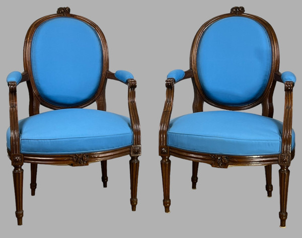 PAIR OF 18th CENTURY ARMCHAIRS FROM LOUIS XVI PERIOD IN CARVED MOLDED/UPPHONED WALNUT