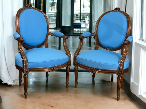 PAIR OF 18th CENTURY ARMCHAIRS FROM LOUIS XVI PERIOD IN CARVED MOLDED/UPPHONED WALNUT