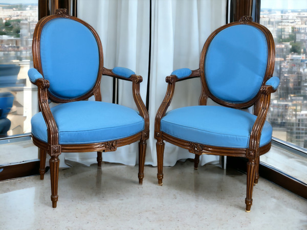 PAIR OF 18th CENTURY ARMCHAIRS FROM LOUIS XVI PERIOD IN CARVED MOLDED/UPPHONED WALNUT