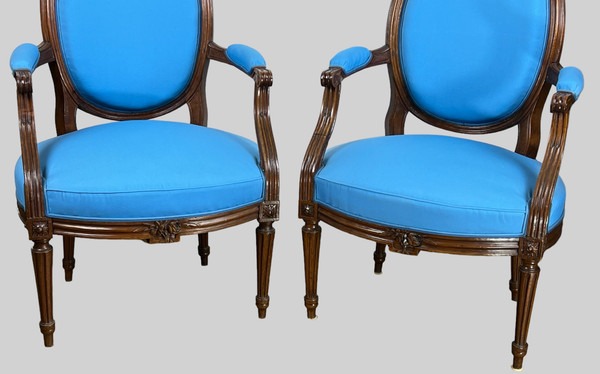 PAIR OF 18th CENTURY ARMCHAIRS FROM LOUIS XVI PERIOD IN CARVED MOLDED/UPPHONED WALNUT