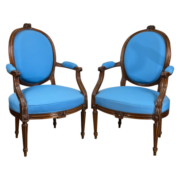 PAIR OF 18th CENTURY ARMCHAIRS FROM LOUIS XVI PERIOD IN CARVED MOLDED/UPPHONED WALNUT