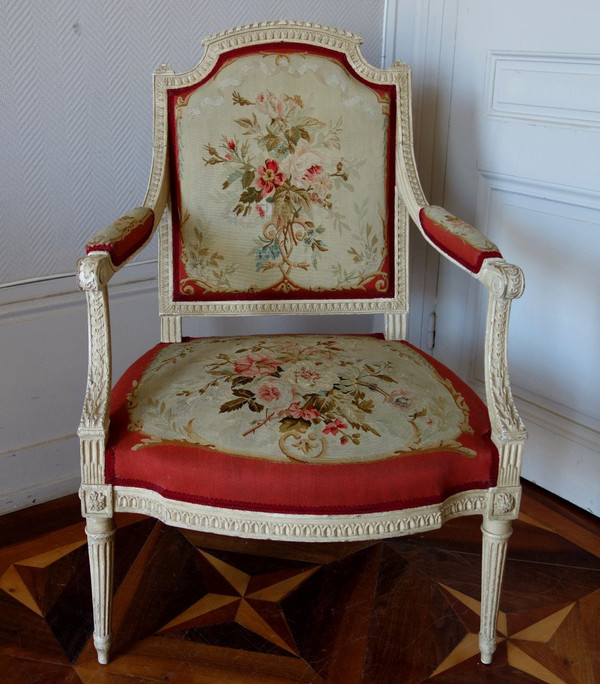 Claude Séné, Fauteuil à La Reine d'époque Louis XVI, Tapisserie De Beauvais & Numéro Inventaire