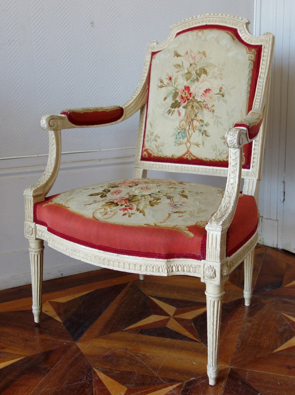 Claude Séné, Fauteuil à La Reine d'époque Louis XVI, Tapisserie De Beauvais & Numéro Inventaire