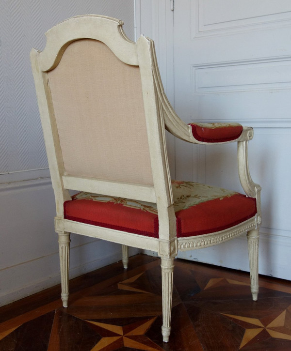 Claude Séné, Fauteuil à La Reine d'époque Louis XVI, Tapisserie De Beauvais & Numéro Inventaire