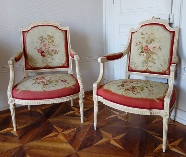 Claude Séné, Fauteuil à La Reine d'époque Louis XVI, Tapisserie De Beauvais & Numéro Inventaire