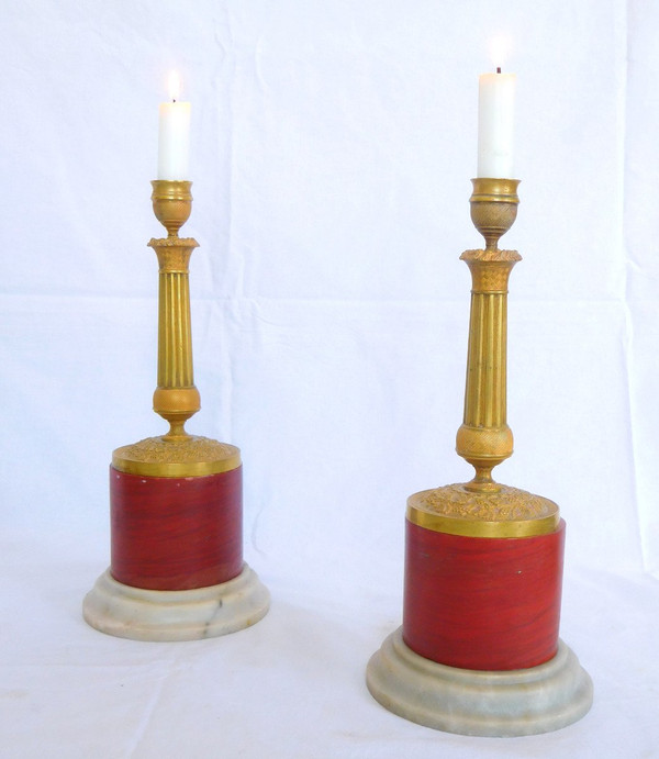 Pair Of Column Bases In Red Marble - Italian Work In Neoclassical Louis XVI Style
