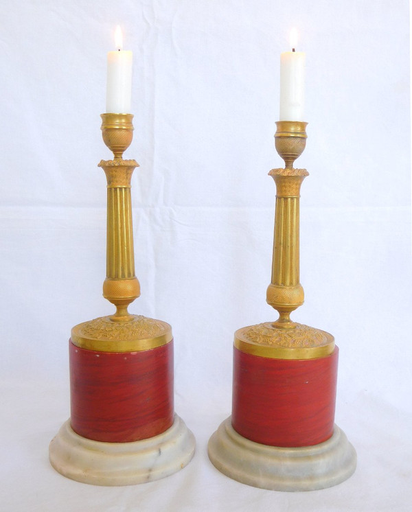 Pair Of Column Bases In Red Marble - Italian Work In Neoclassical Louis XVI Style